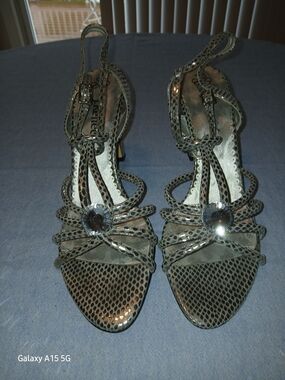 J.Renee Silver Metallic Strappy Gem-Embellished Heels